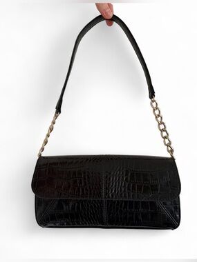 Liz Claiborne Black Croc Embossed Shoulder Bag Y2K Silver Chain Purse